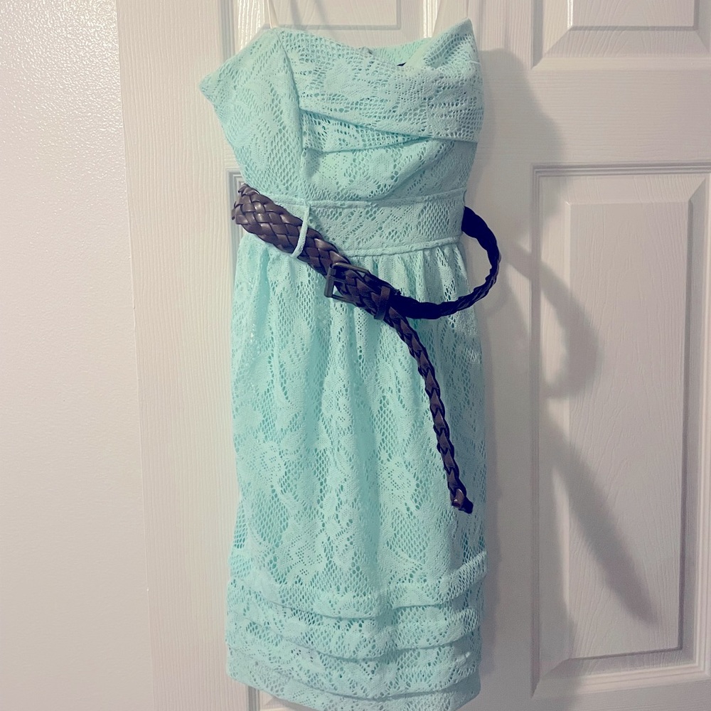 Strapless mint lace dress